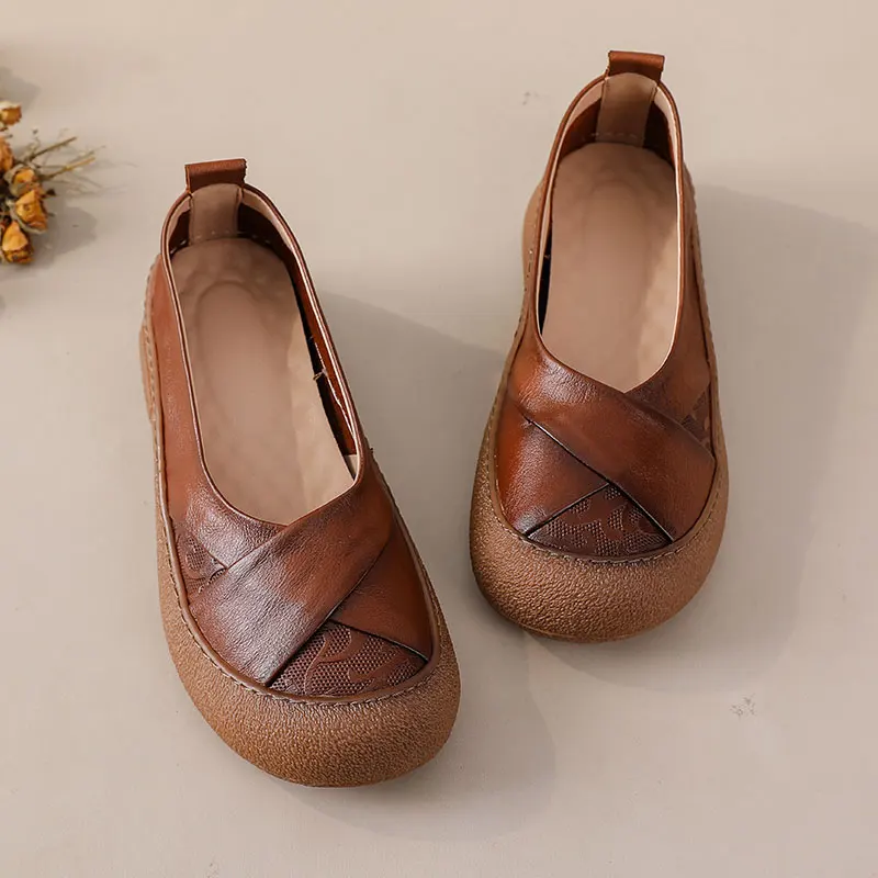 Newest V Neck Flat Shoes for Women Long Standing Loafers Woman Real Leather Ballet Flats Luxury Slip On Moccasin Retro Mom Shoes