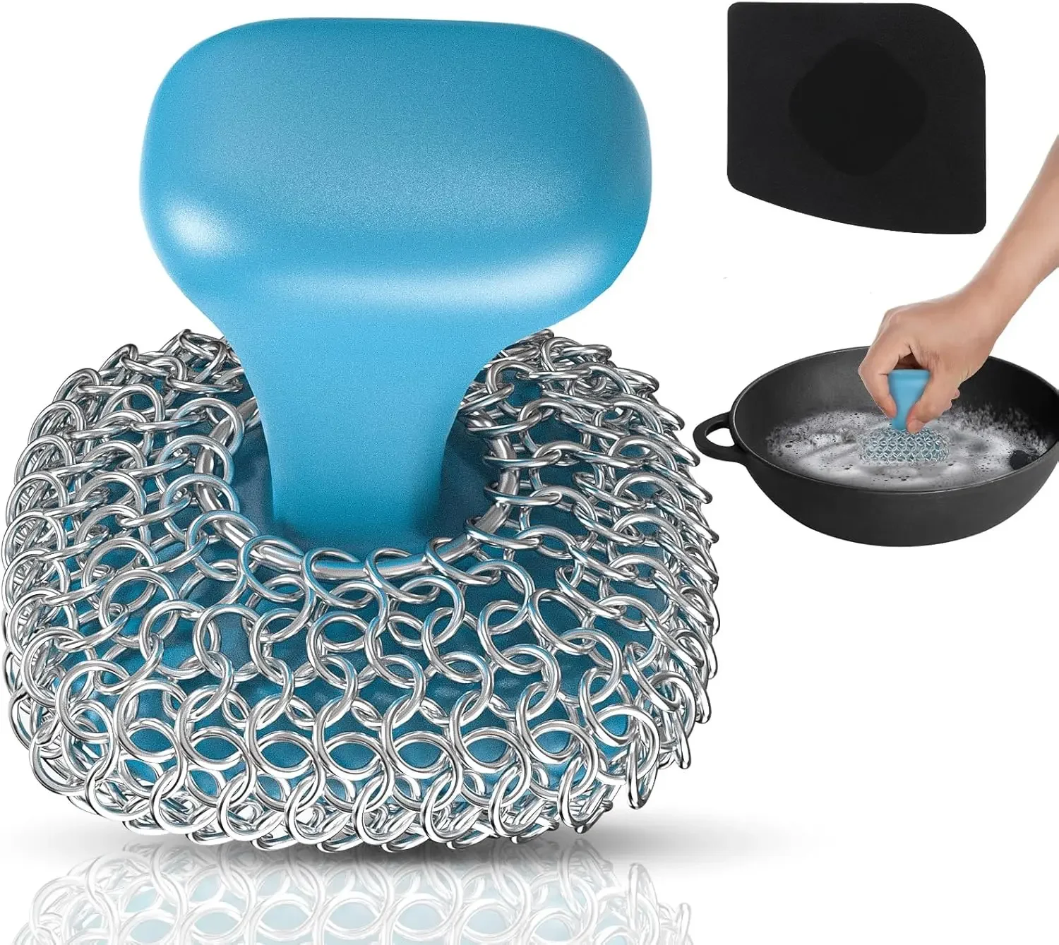 

Stainless Steel Chainmail Scrubber for Cast Iron Pans, Dishwasher Safe Cleaning Brush with Silicone Base
