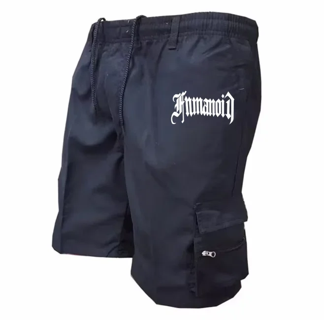 Men's Humanoid Gothic Letter Print Cargo Shorts Elastic Waist Drawstring Multi Zipper Pockets Casual Summer Short Pants