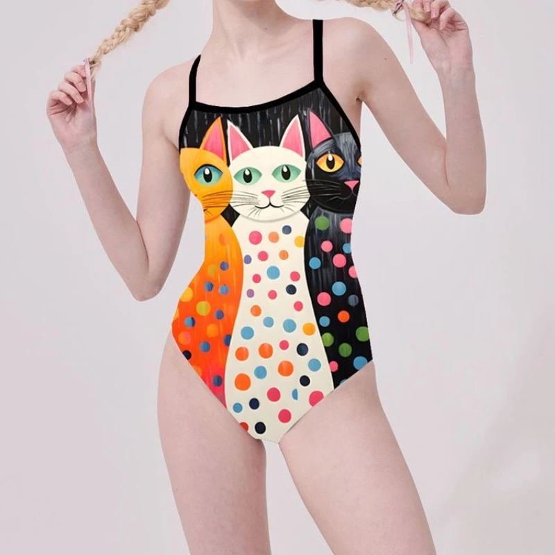 Cute Three Cats Sleeveless Racing Swimsuit One-piece Backless Swimwear Women Printed Bathing Suit Poor Party Girl Outfit Bikini