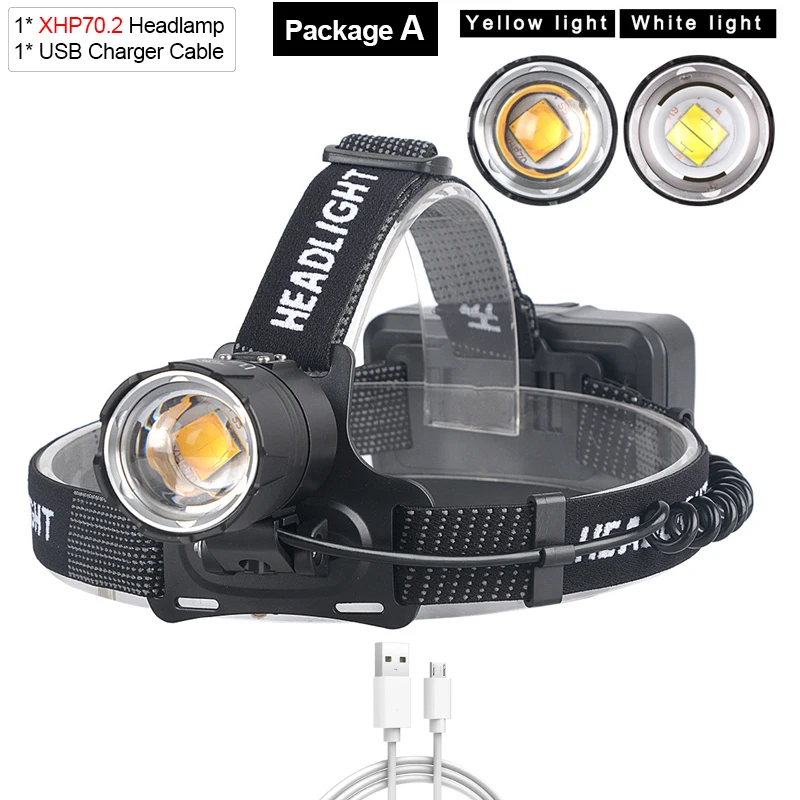 XHP70 Led-koplamp Meest krachtige oplaadbare koplamp met geel/wit licht Vissen Camping Zoom-koplamp Waterdichte koplamp