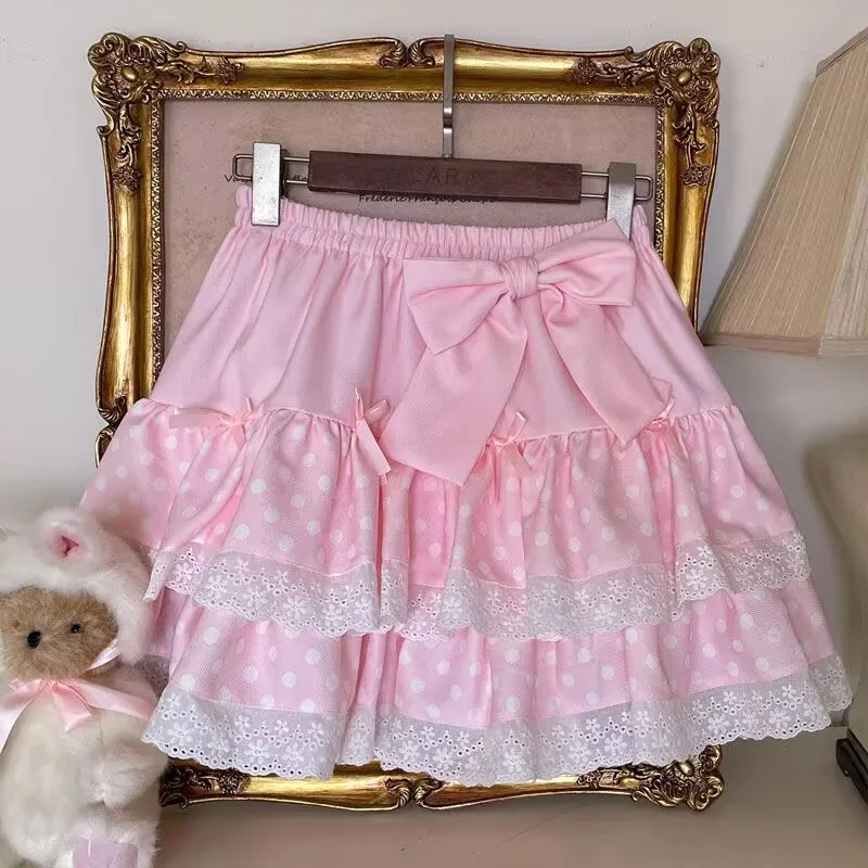 تنورة كلاسيكية على طراز هاراجوكو لوليتا تنورة نسائية كاواي منقط بفيونكة من الدانتيل تنورة وردية على الطراز القوطي تنانير تلميذة حلوة Y2k