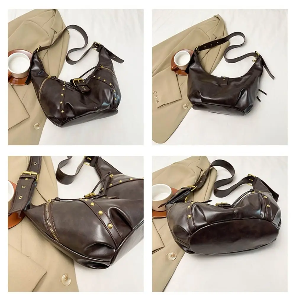 

Oil Wax LeatherRetro American Style Rivets Buckle Crossbody Bag Large Capacity Fashion Design Locomotive Style Underarm Bag