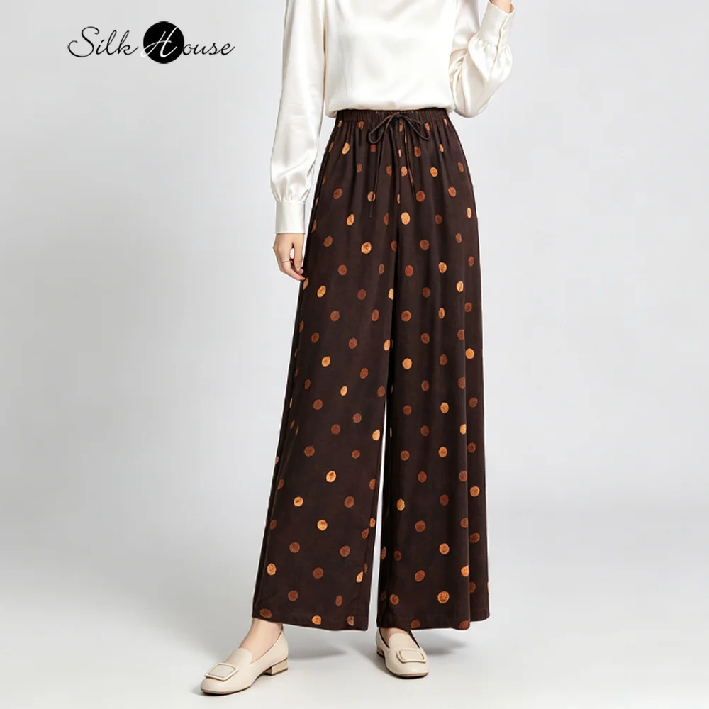 

Women's Casual Summer New Modern Retro Polka Dot 100% Natural Mulberry Silk Double Crepe Elastic Waist Drawstring Wide Leg Pants