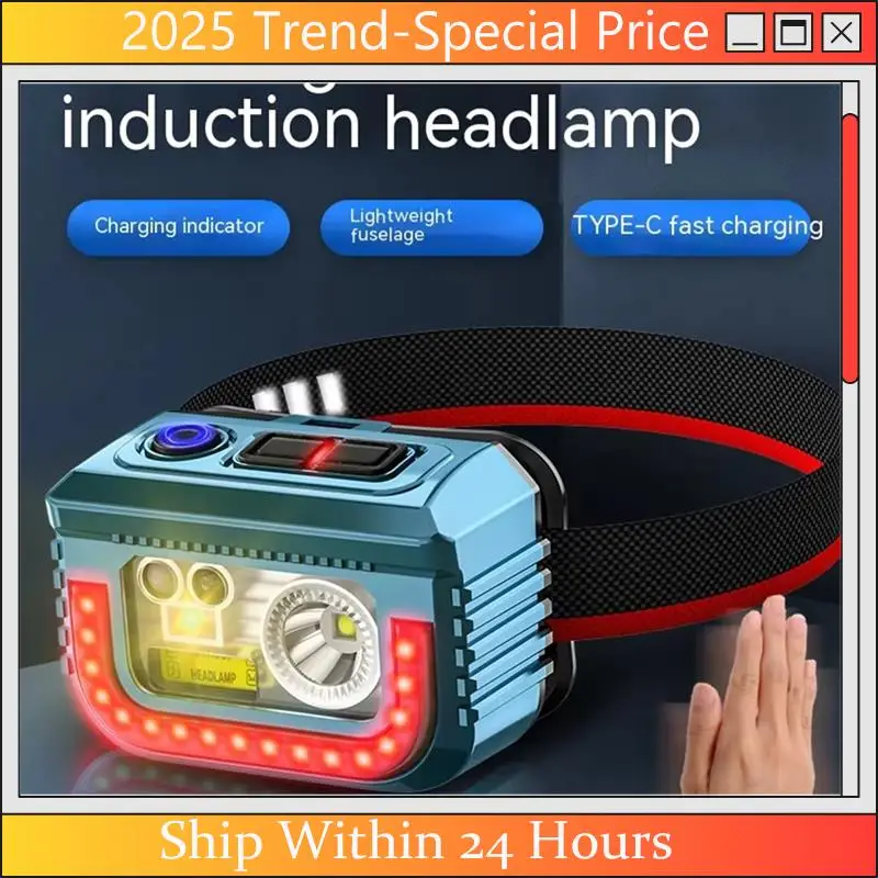

AA64 LED Head Light Motion Sensor Headlight USB Rechargeable 3 Light Source Fishing Lantern Mini Head Emergency Flashlight