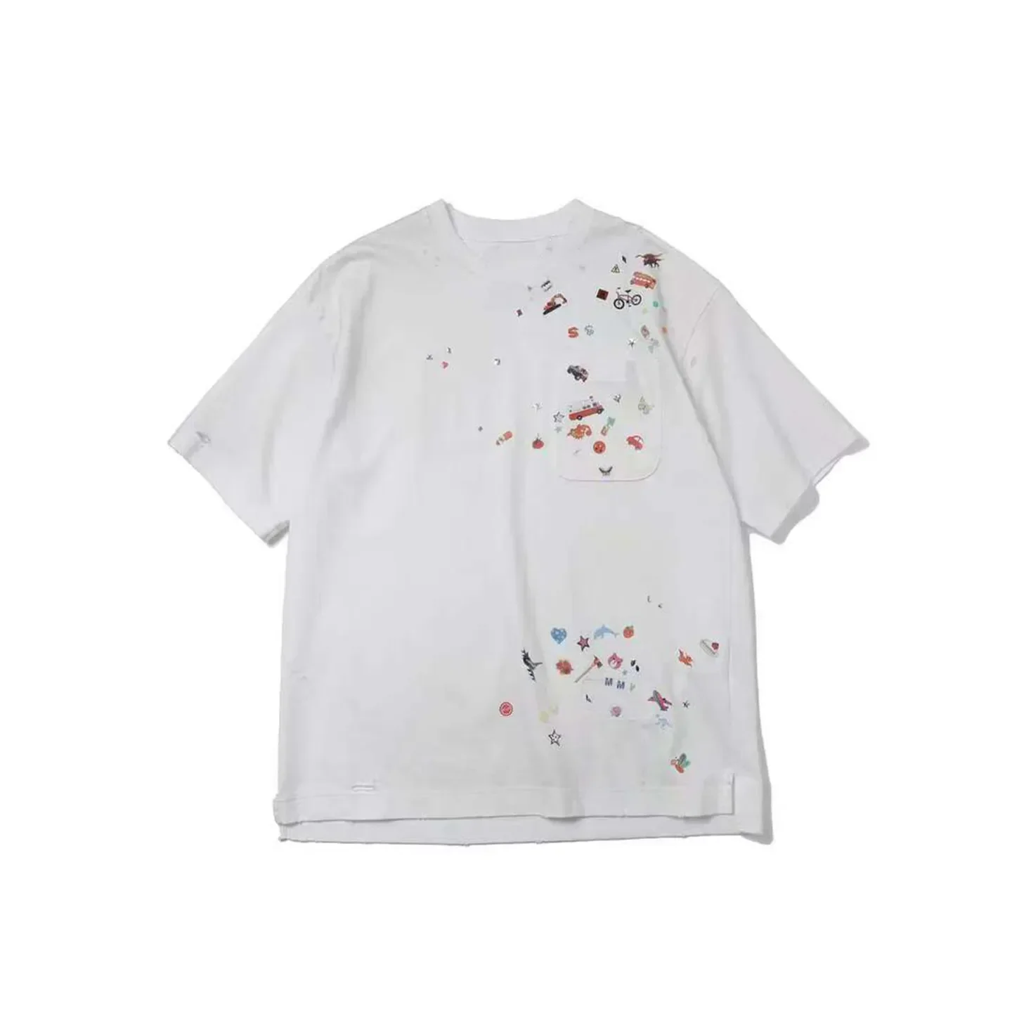 Japanese washed old loose sticker fun print destruction wind short sleeve T-shirt