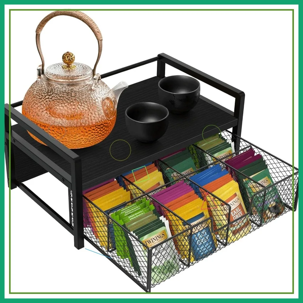 

Wood Tea Bag Organizer with Drawer, 8 Compartments Storage Box for Kitchen Counter, Black