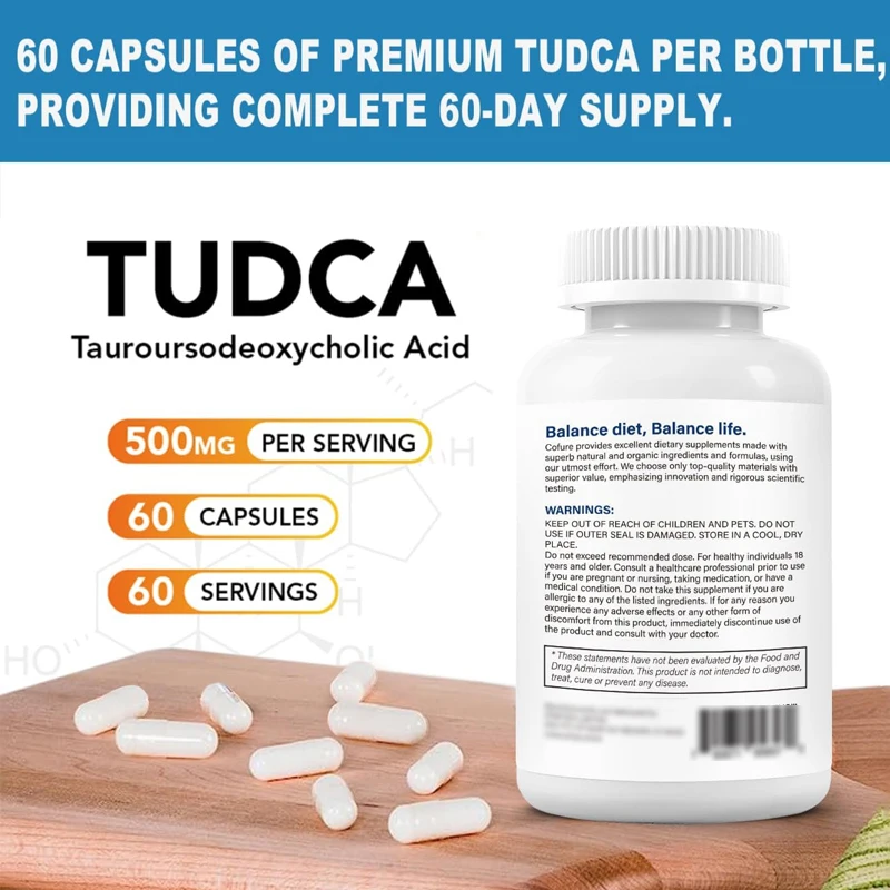 TUDCA 500mg supplement, liver and gallbladder support, true pure bile salt, bitter taste, gluten free, non GMO -60 capsules