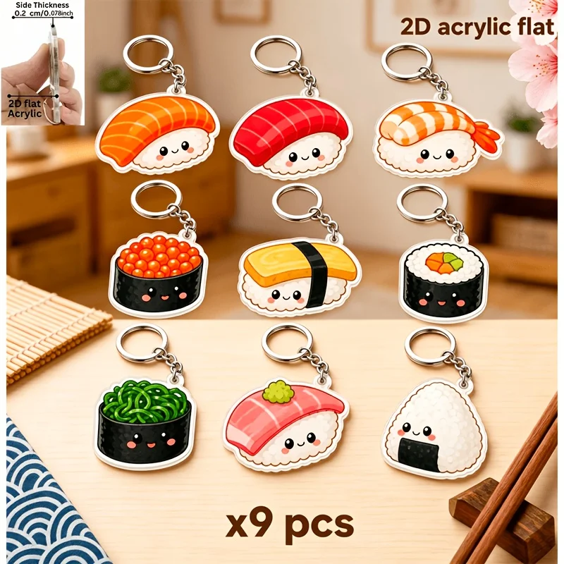 2D Flat Design | Set of 9 Japanese-Style Sushi Acrylic Keychains—Universal Accessories for Backpacks and Car Keys
