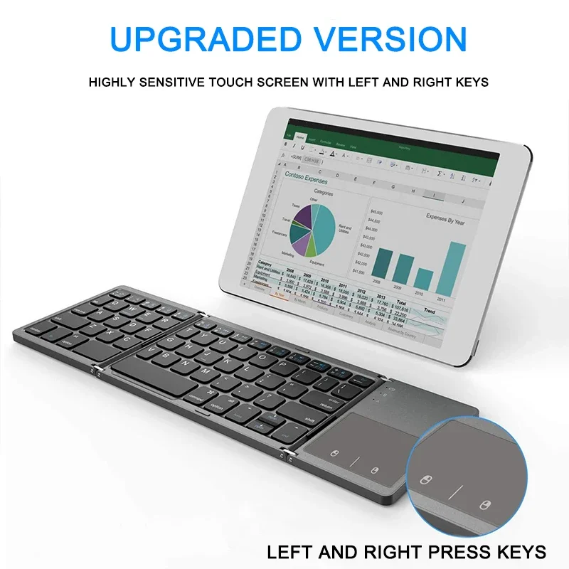 Tri-Folded Bluetooth Keyboard with Touchpad Foldable Wireless Keyboard Ultra Slim Support 3 Device Rechargeable Folding keyboard