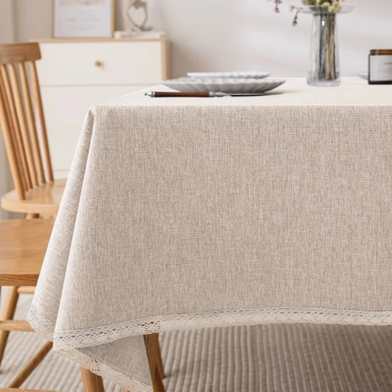 Solid Color Cotton Linen Tablecloth Waterproof And Oil Resistant Lace Trim Decorative Table Cover for Home Dining Party Banquet