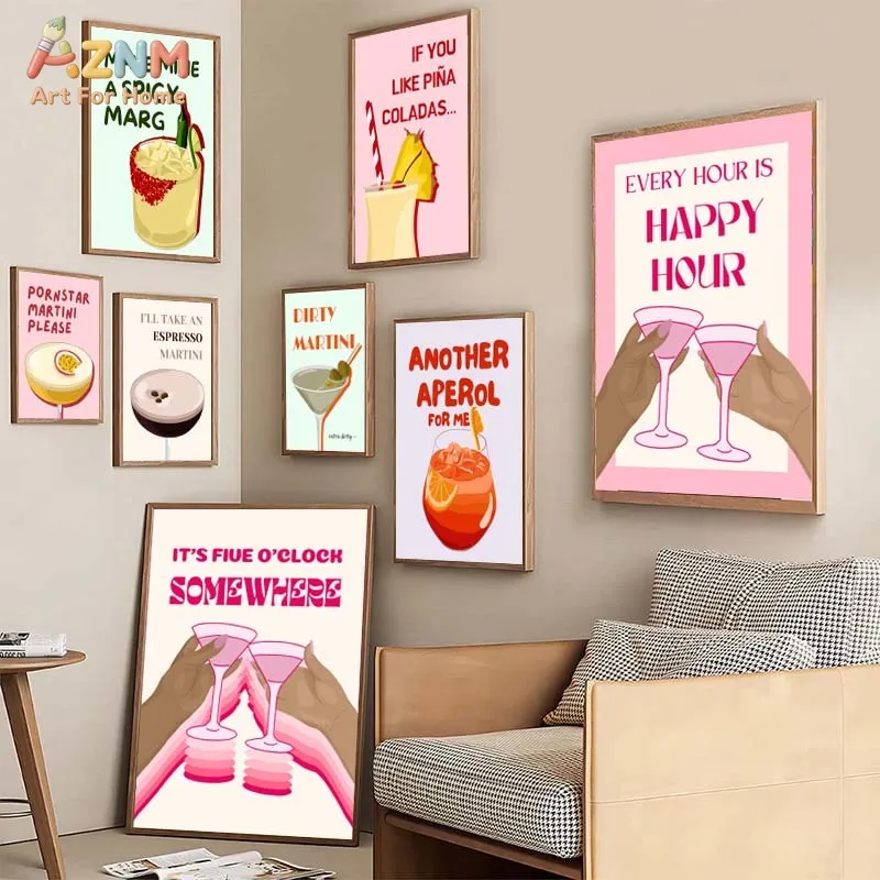 AZNM Colorful Cocktail Canvas Wall Art Happy Hour Martini Aperol Drink Poster Bar Kitchen Dining Room Unframed Decor Print