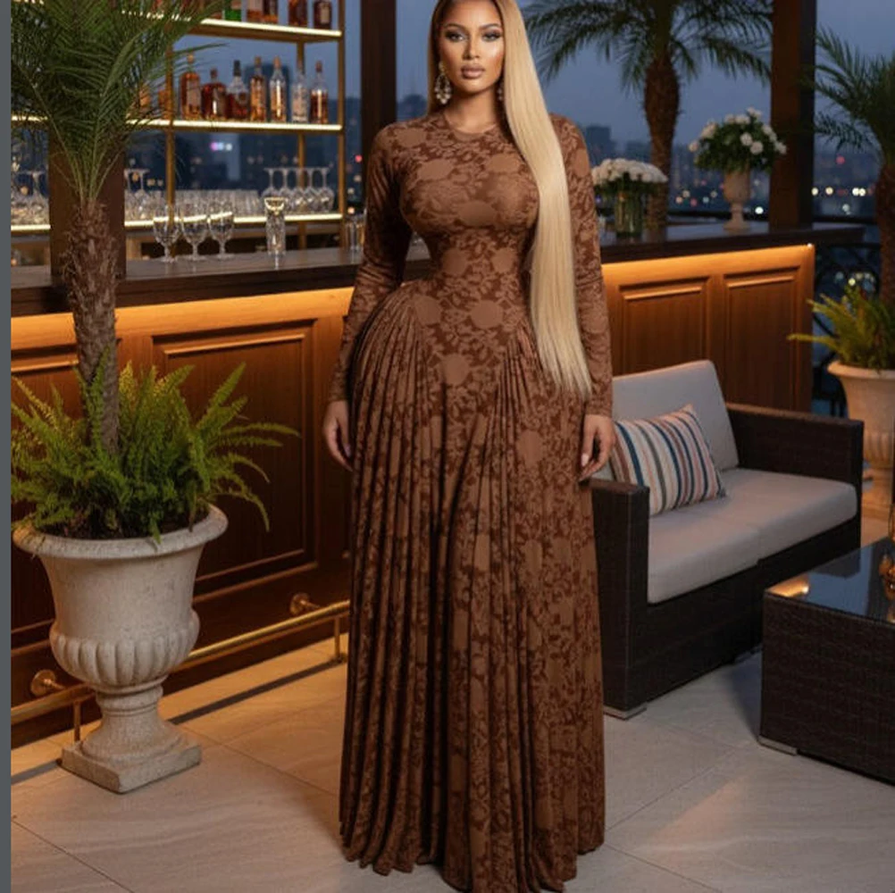 Luxuriöses Damen-Maxikleid mit elegantem Design, Print und Mesh, zweiteiliges Set mit Unterkleid, Urlaubs- und Strandstil, langärmlig – Detail 4