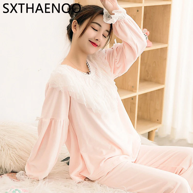 

SXTHAENOO New Korean Style Winter Pajama Set Fashion Thickened Flannel Long Sleeve Nightgown Cute Sweet Solid Color Nightwear