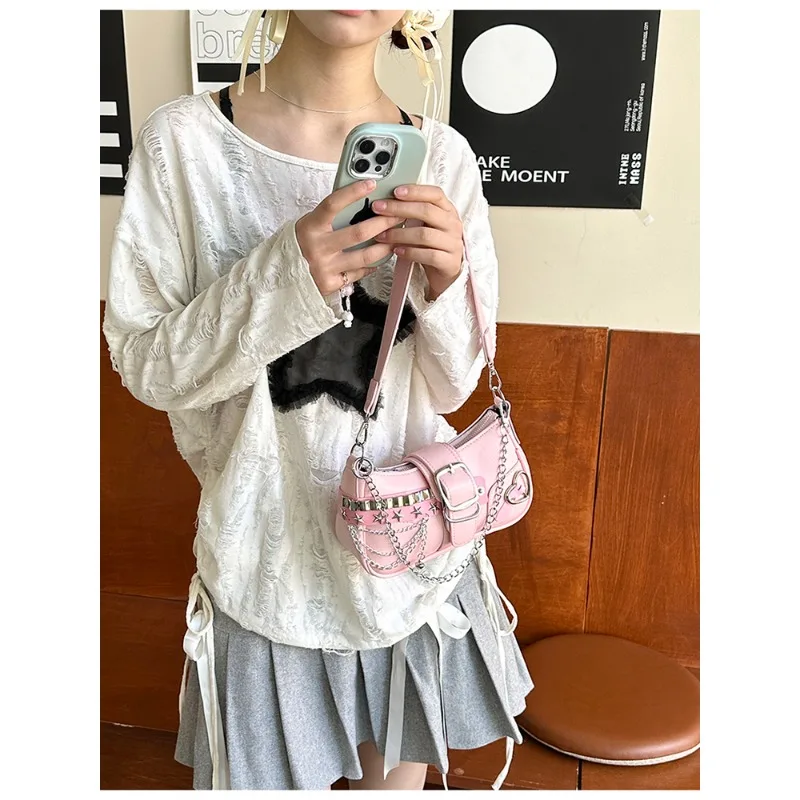 Chain Pin Buckle Metal Star Appliques Solid Zipper Shoulder Bag Fashion Tote Bag 2024 Hot Sale Bags for Women Bolsas Femininas