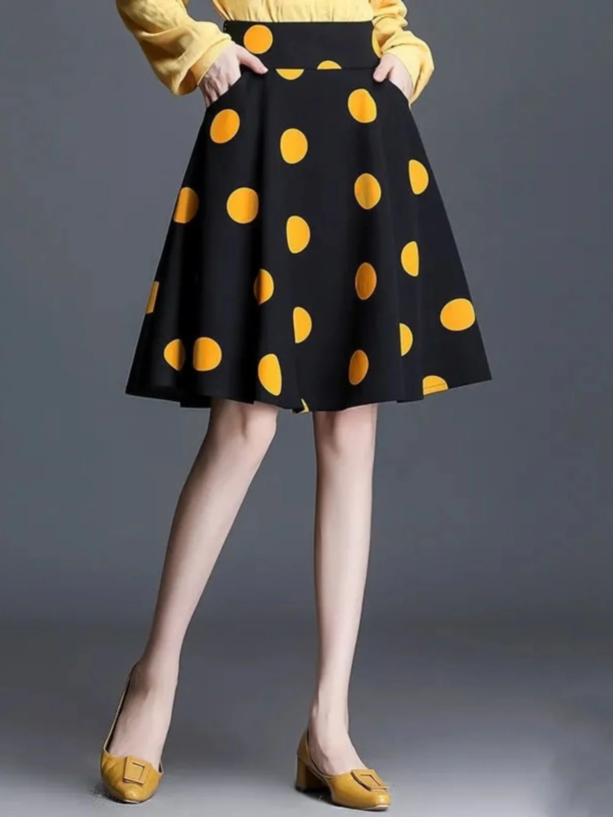 Pocket Polka Dot Full Skirt Women\'s Elegant Simple A-Line Midi Skirt Summer Autumn Fashionable Swing Skirt Casual Wear