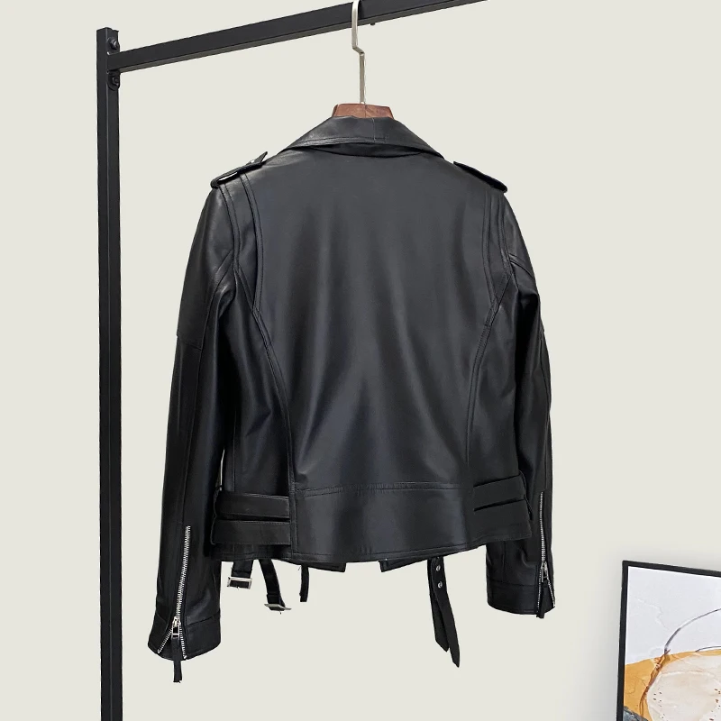 2025 Sheepskin Jacket For Women Slim Fit Genuine Leather Fashionable Versatile Suit Collar Biker Motor Jacket Belt Plus Size