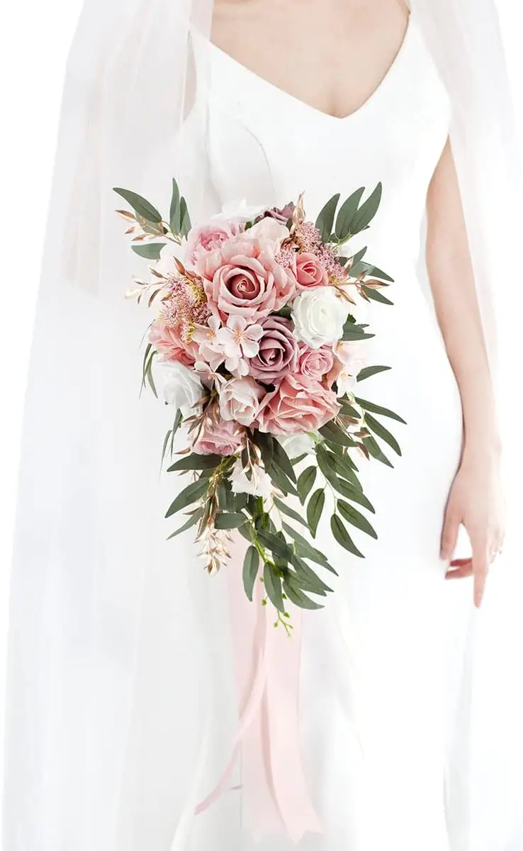 

9" Dusty Rose Cascading Bridal Bouquet, Artificial Silk Roses for Wedding Ceremony Decor