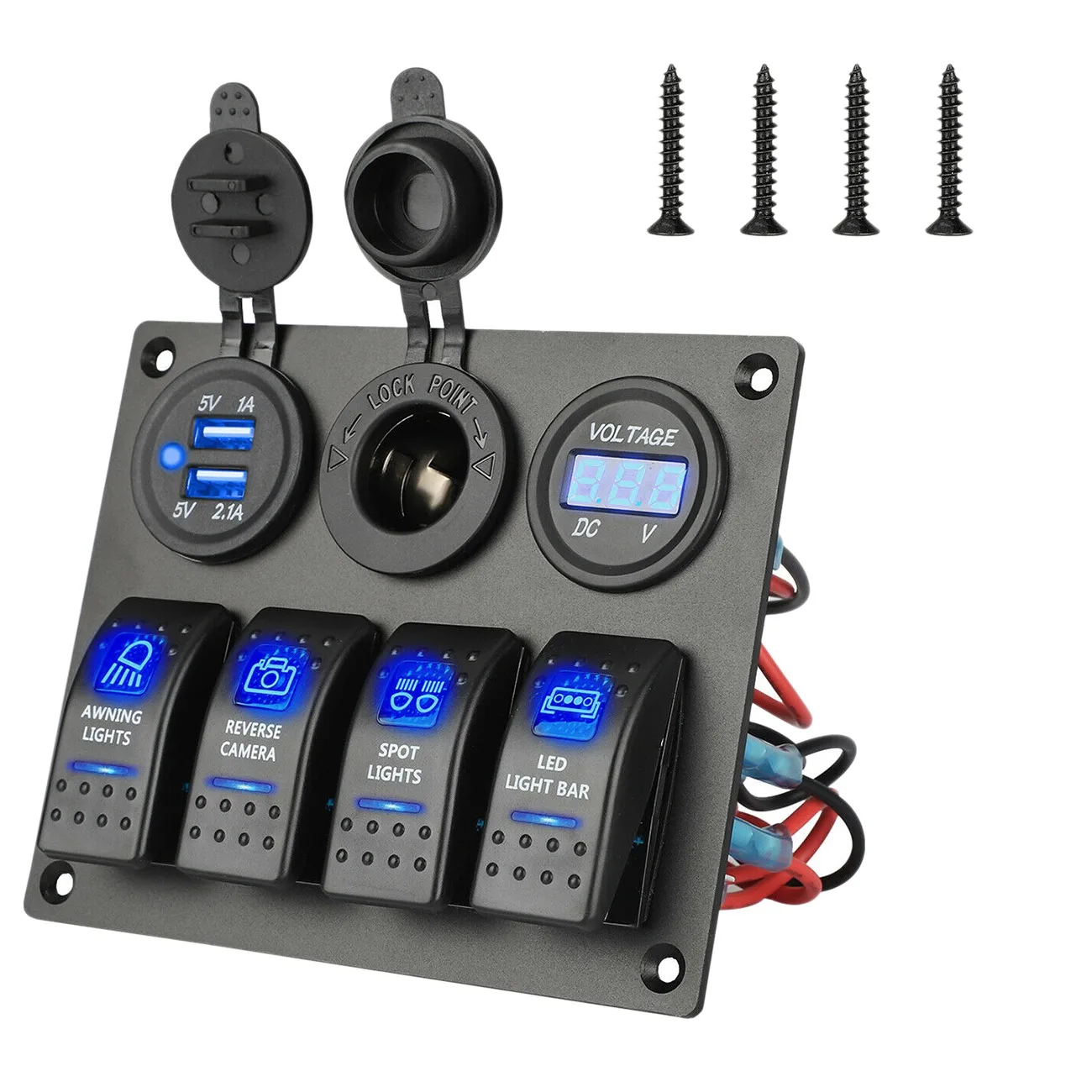 12-24V 4 Gang Toggle Blue LED Rocker Switch Panel Circuit Breaker Waterproof for Car Marine