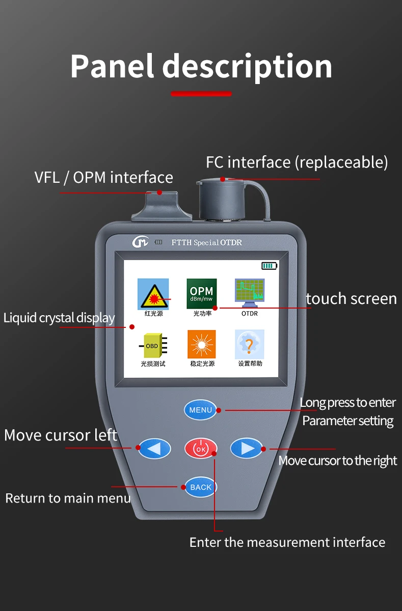 Imagem -06 - Otdr Handheld Mini Medidor de Potência Óptica Suporte Português Inglês Ftth Vfl Multifunction Pode Testar Fibra Ativa