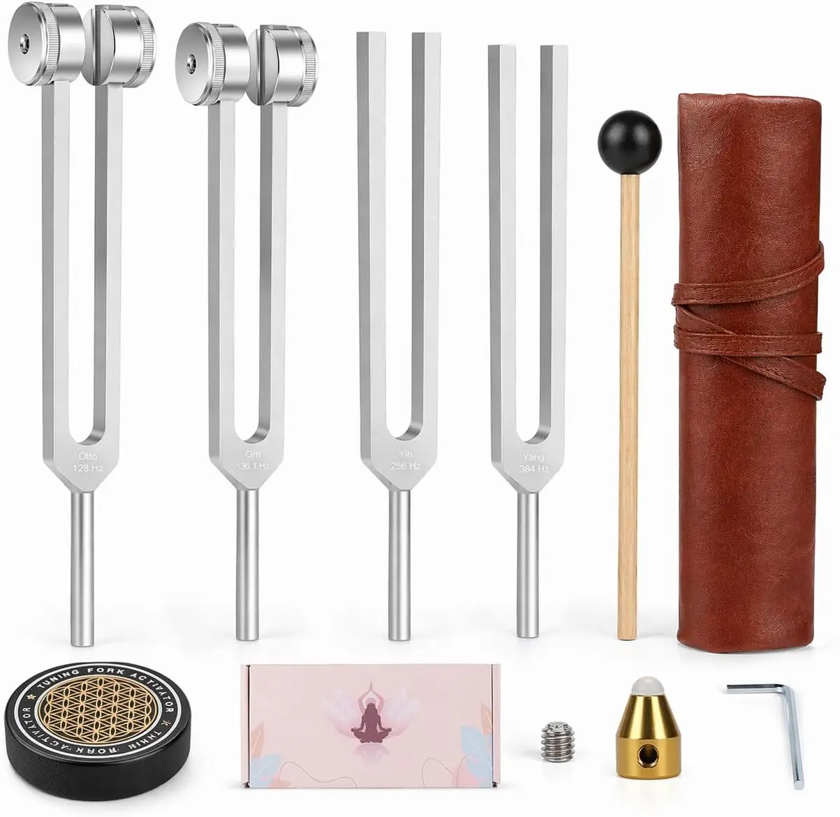 Aluminum Tuning Forks Set for Healing - 4 Frequencies (128Hz, 136.1Hz OM, 256Hz, 384Hz) with Guide, Mallet, Activator & Pouch
