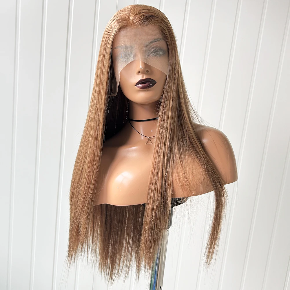 AIMEYA Highlight Blonde Wig Syntetyczne proste koronkowe peruki dla kobiet Długa brązowa peruka Naturalna linia włosów Koronkowe peruki z przodu