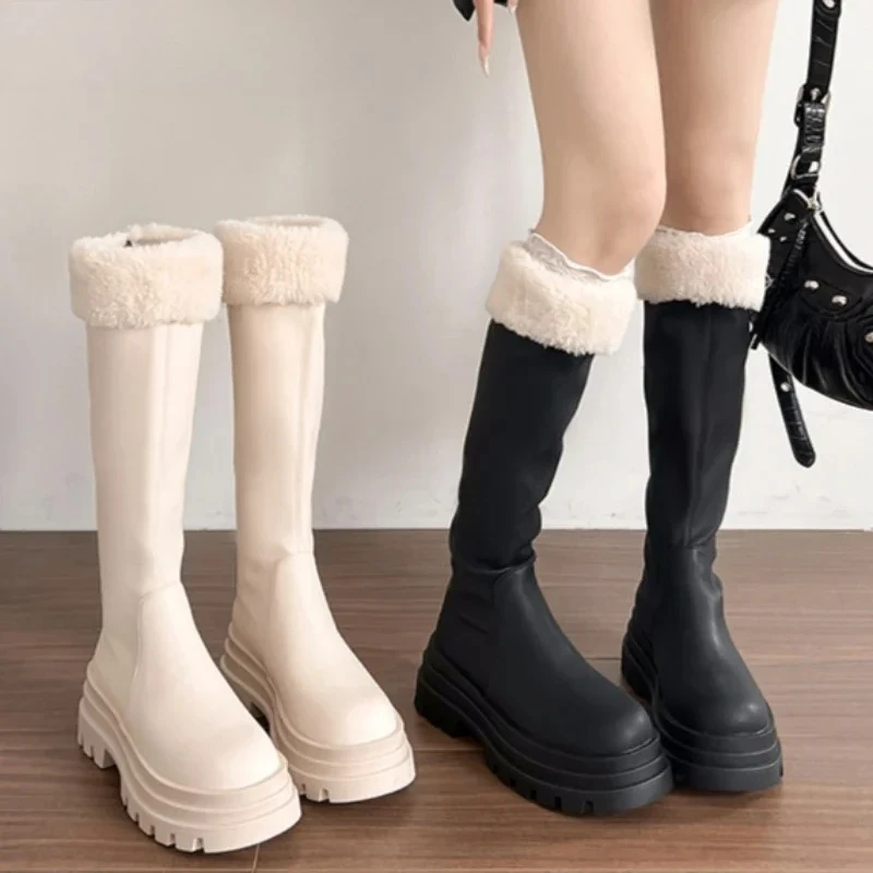 

Winter Warm Plush Women Knight High Boots Fashion Platform Height Increase Shoes Concise Square Heels Long Booties