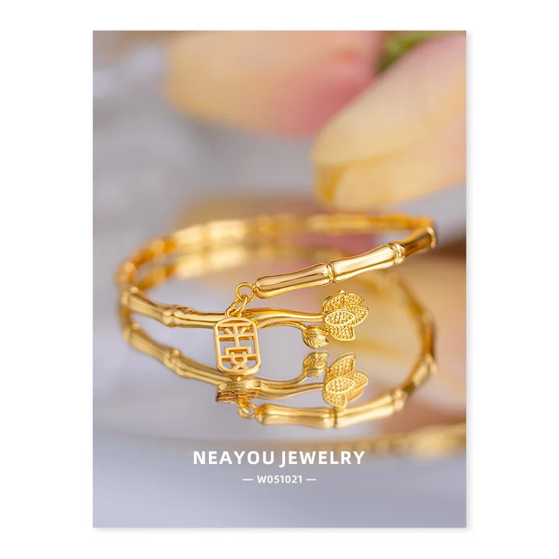 Female 9999 24K Real Gold Niche High-end Chinese Style Bamboo Knot Safety Bracelet Gold Lotus Bamboo Knot Plain Ring Bracelet