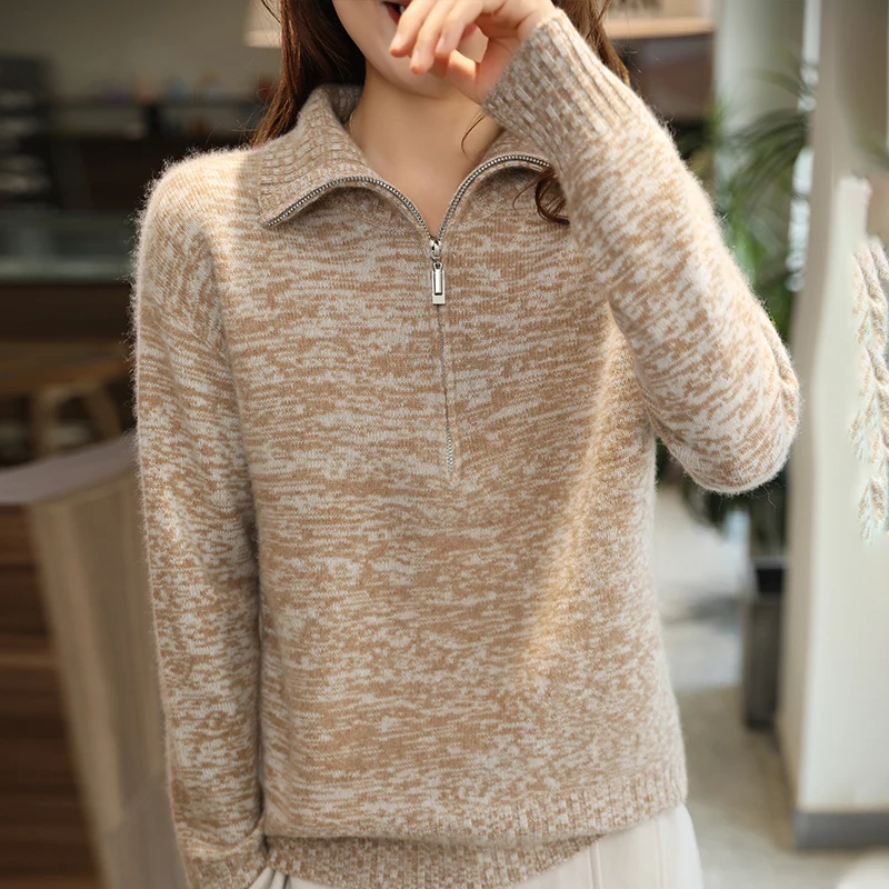 2024 Female 100% Wool Zipper POLO-collar Thickening Women Sweater Knitted Winter Dot yarn Fashion Vintage Tops