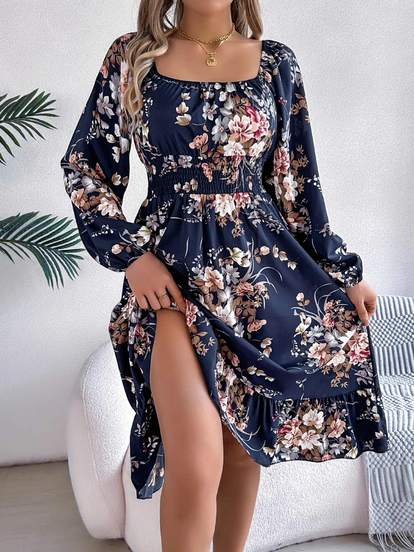 Square Neck Floral Print Cinch - Midi Skirt Floral recension och pris