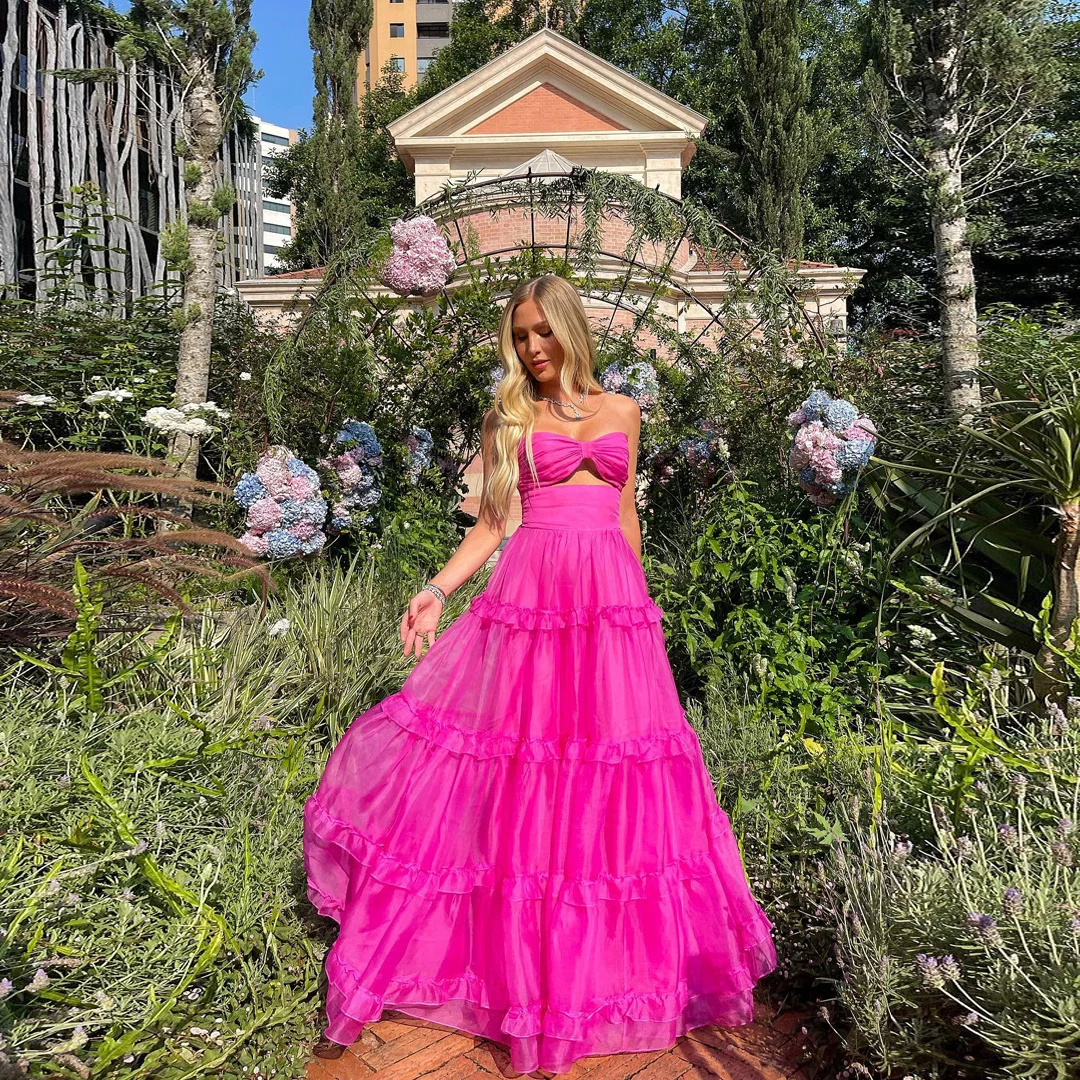 

Garden Fuschia Long Tulle Prom Dresses Sweetheart Pleated Strapless Floor Length Formal Evening Dress Women Special Party Gowns