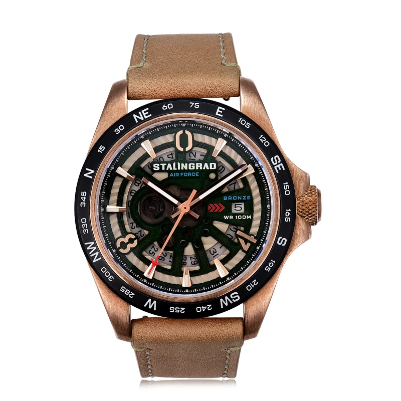 Stalingrad 43MM Bronze Shell Watch for Men 100m Water Resistant Sapphire Glass Durable Leather Strap Automatic Mechanical