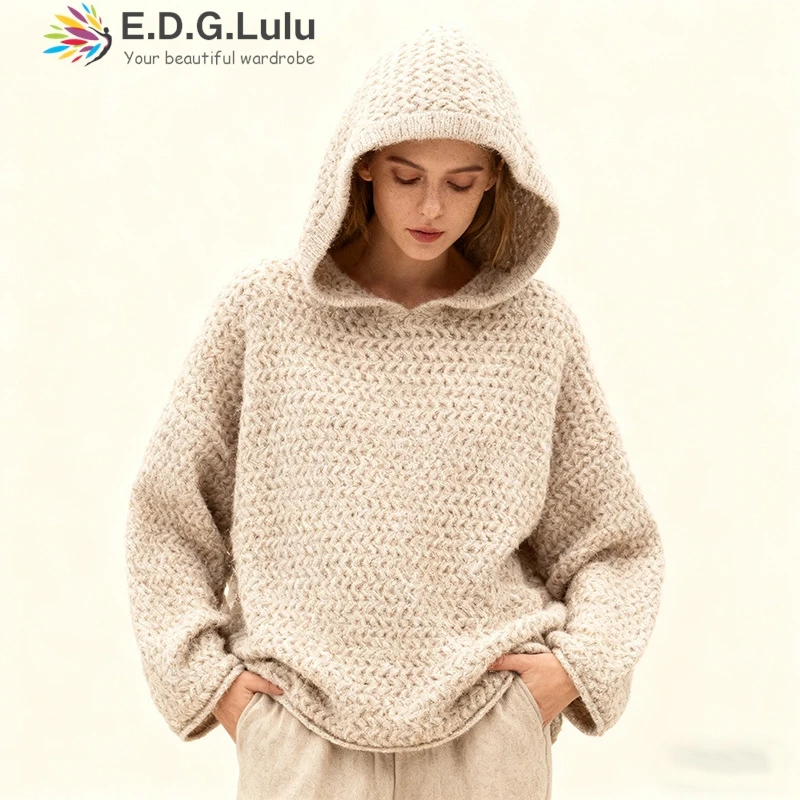 

EDGLuLu Casual Loose Hooded Pullover Sweaterwomen's 2025 Autumn New Fashion Versatile Design Hoodie Knitted Sweater 1112