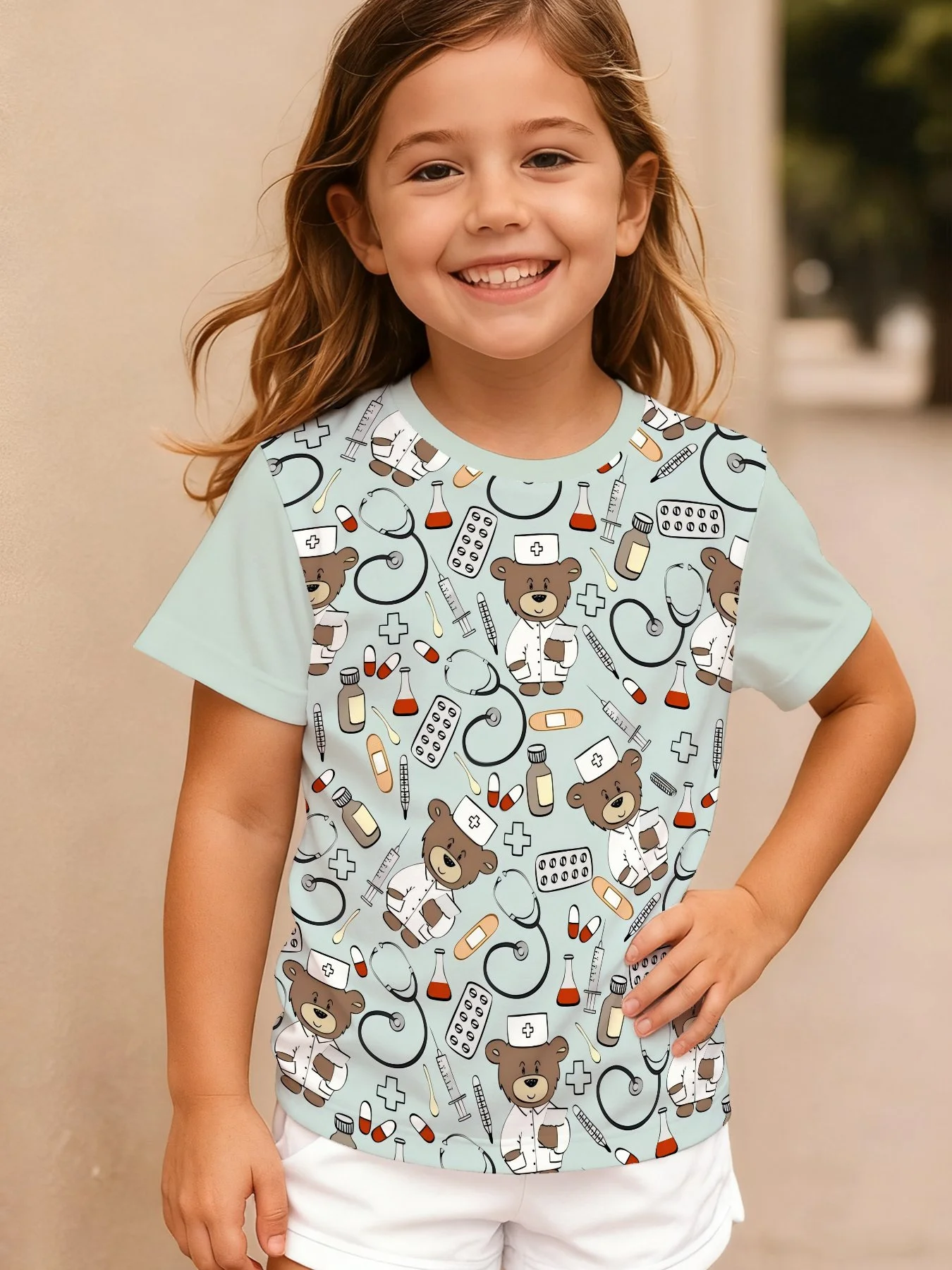 Girls Cute Doctor Bear T-Shirt, Cartoon Nurse Bear Medical Tool Print Short Sleeve Crew Neck Kids Graphic Tee