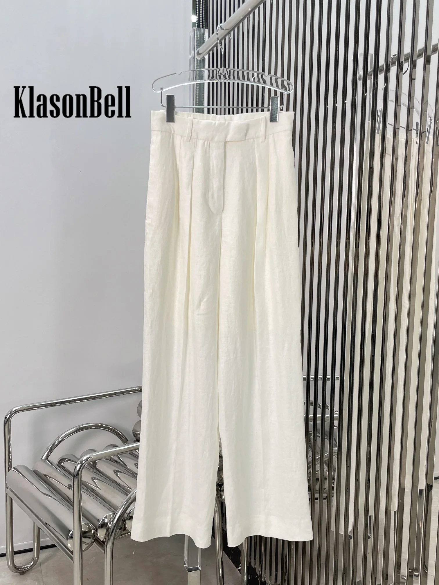 7.21 KlasonBell Women Temperament Simple Linen Thin Suit Single Button Split Blazer Or Straight Wide Leg Pants Set