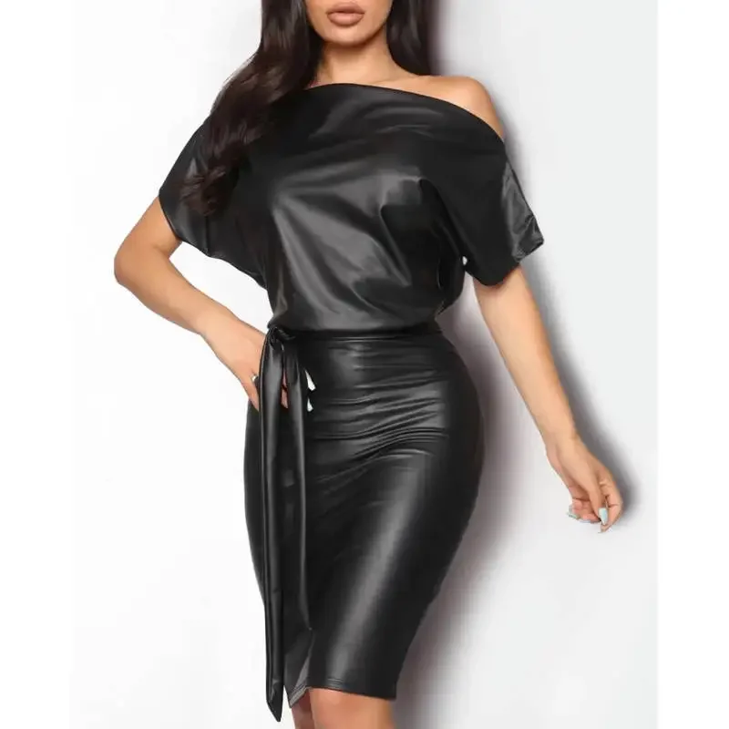 

2024 Women's Summer Long-sleeved Knee-length Pencil Skirt Black Asymmetric Sexy Faux Leather Dress