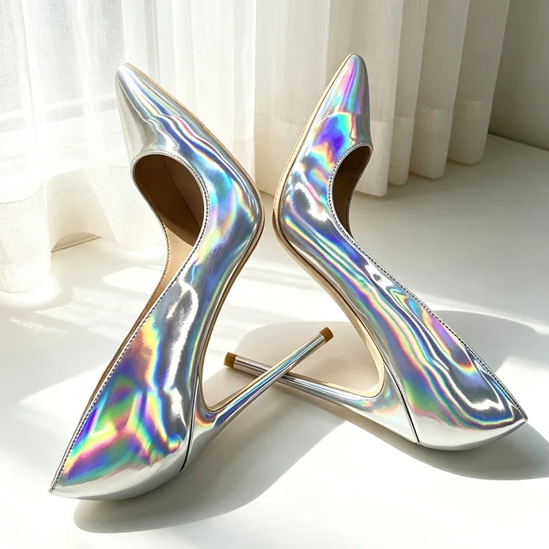 New metal heel super high heels for women, slim heels, shiny finish, patent leather pointed, sexy party size single shoes