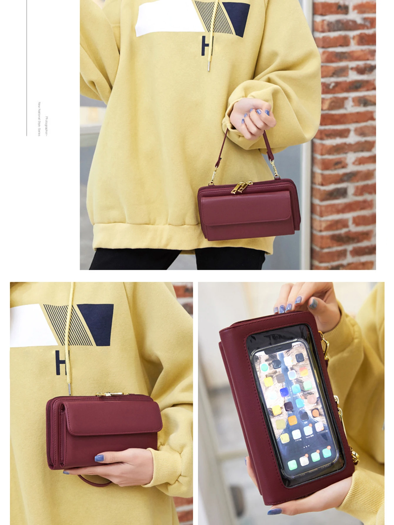 Modische mobile Touchscreen-Geldbörse für Damen – stilvolles, einfarbiges Flip-Design mit sicherem Reißverschluss, verstellbarem Schultergurt – Detail 5