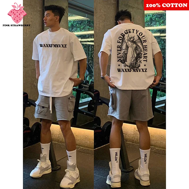 

American Retro angel Print T-shirt Men's Summer 2025 New 100% Cotton Short sleeve Street T-shirt Casual Y2k Tops Mens clothing