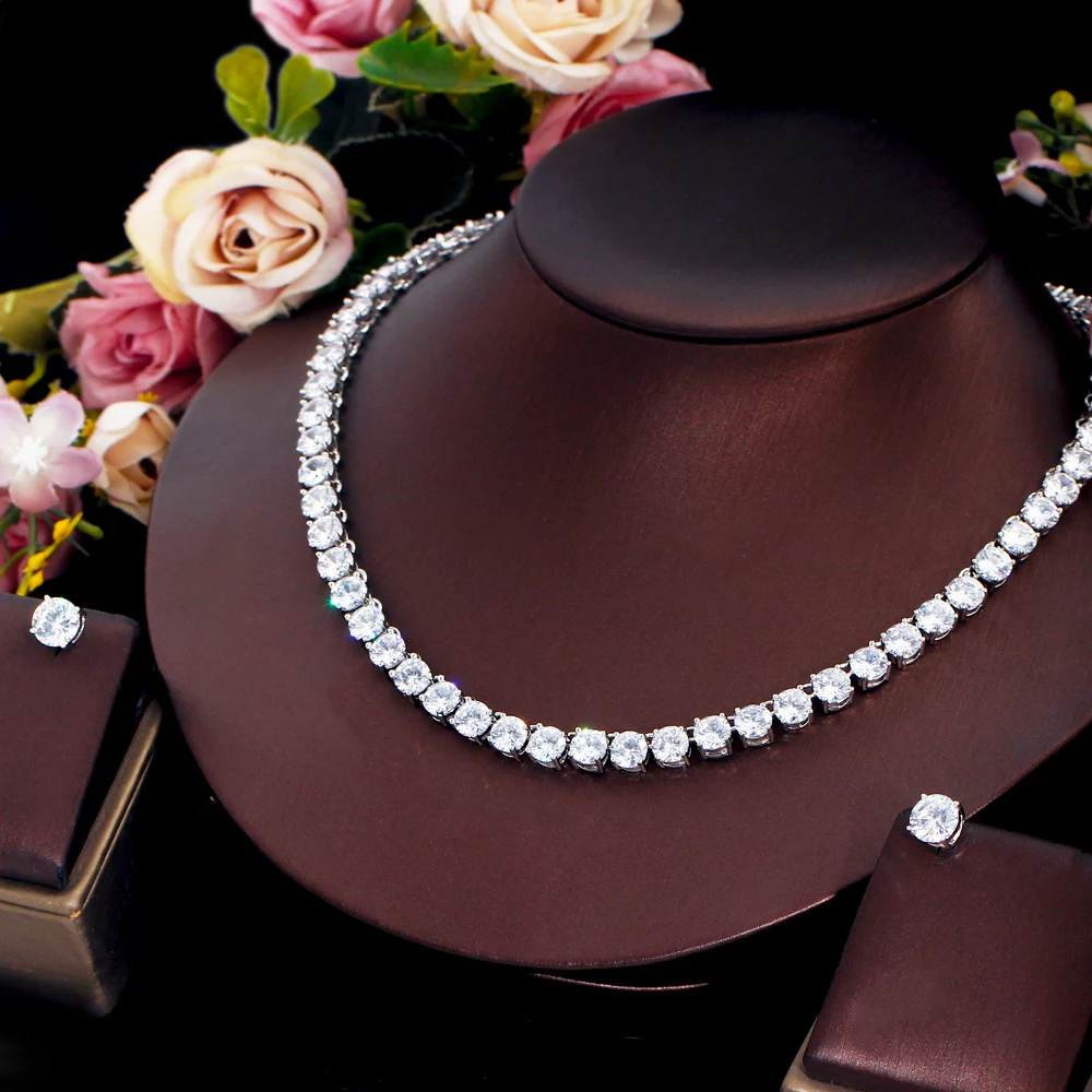CWWZircons Atemberaubendes Großkarat-Rund-CZ-Tennis-Halsketten- und Ohrring-Set Luxuriöses Brautschmuck-Set für Hochzeit und Abendveranstaltungen Großhandel T0511 – Detail 7