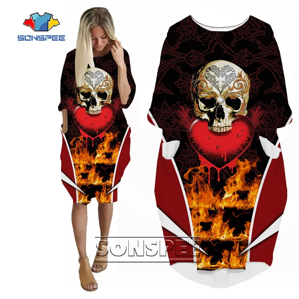 SONSPEE 2022 Fashion Street Personality Women's Dress 3D Print Hell Demon Monster Skull Skirt Suits Lady Girl Casual Loose Gown