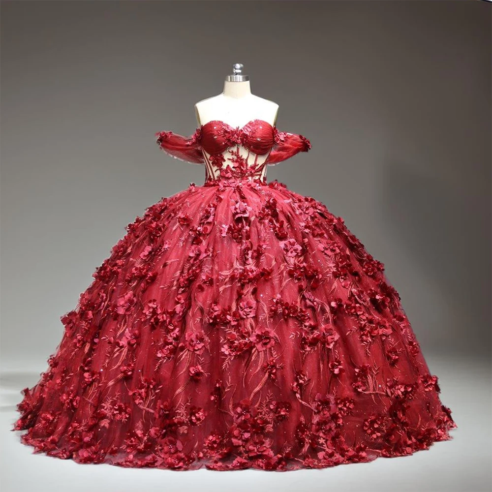 Red Shinning Quinceanera Dresses Ball Gown 3D Flowers Appliques Beading Corset Princess Dress Wc013