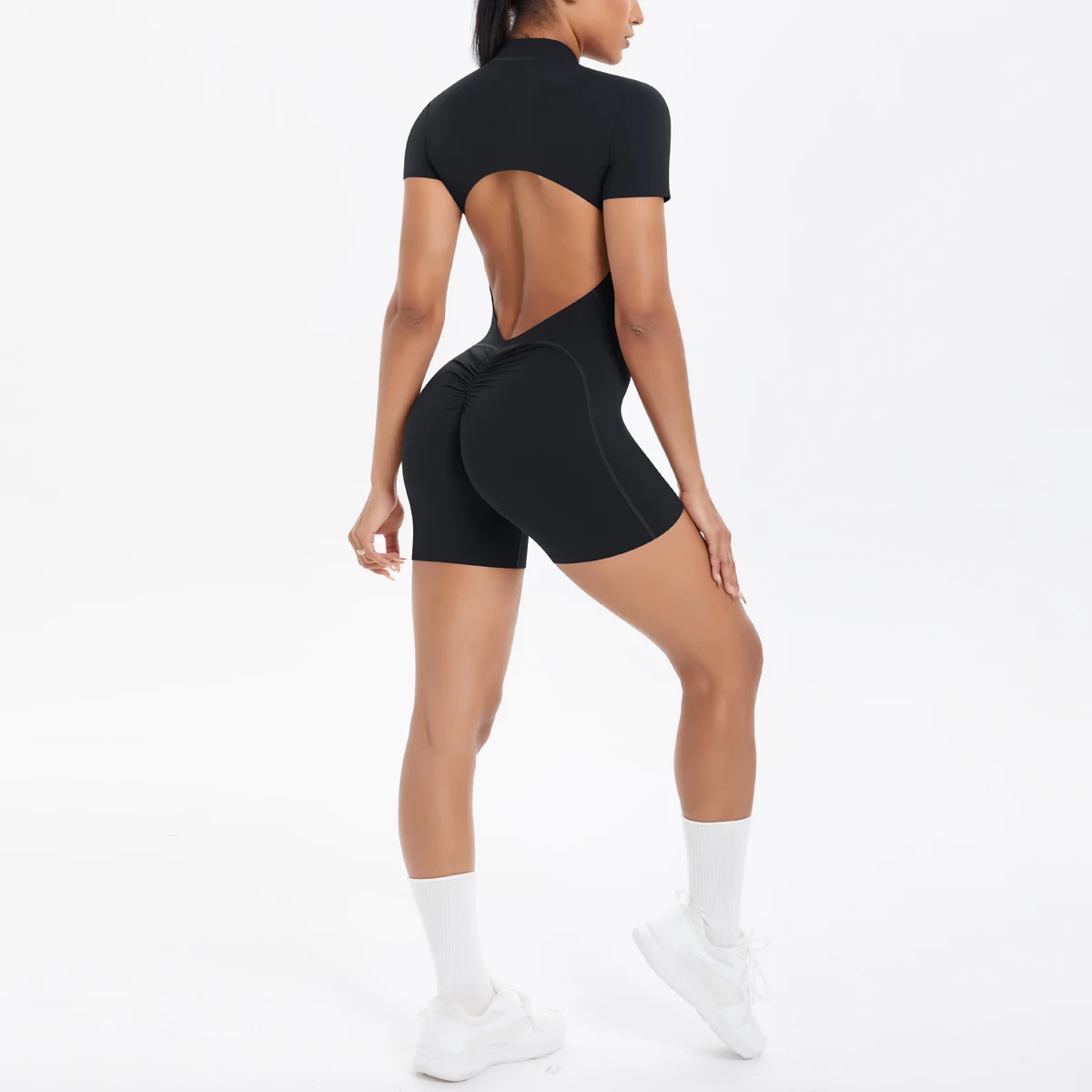 Ausgehöhlter, rückenfreier, kurzärmliger Reißverschluss-Overall für Damen, Overall, Yoga-Anzug, einteilige Legging, kurze Push-Up-Gymnastik-Yoga-Kleidung – Detail 36