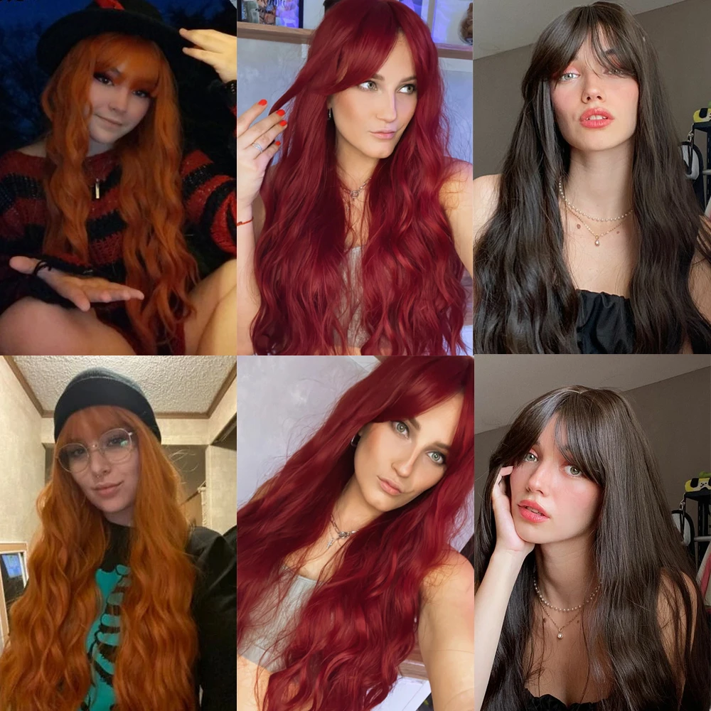 Long Wavy Orange Colorful Cosplay Wigs Deep Wave Copper Ginger Synthetic Wig Bang Hair for Black Women Wig Party Heat Resistant