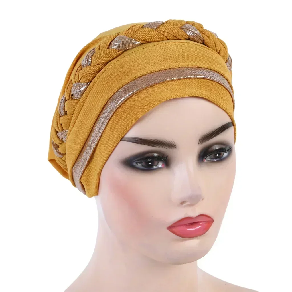 

Women Muslim Braid Hijab Hat Shimmer Turban Chemo Cap Islamic Headscarf Beanie Bonnet Hair Loss Bandanas Headband Turbante Mujer