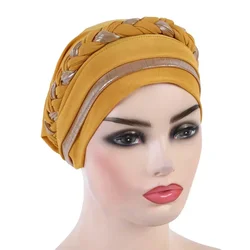 Women Muslim Braid Hijab Hat Shimmer Turban Chemo Cap Islamic Headscarf Beanie Bonnet Hair Loss Bandanas Headband Turbante Mujer