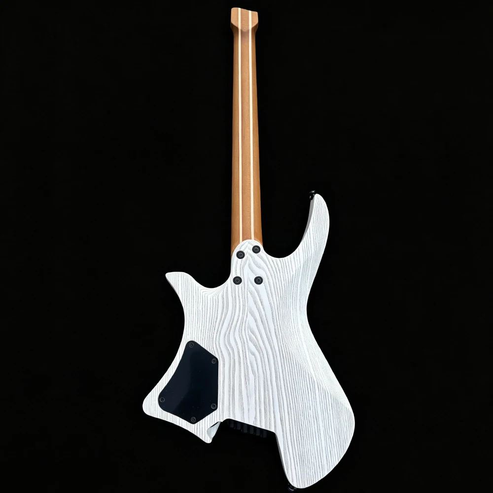 Headless Electric Guitar White Burst Finish Burl Maple Top Oblique Frets 5 Piece Roast Maple Neck Stainless Steel Frets 6 String