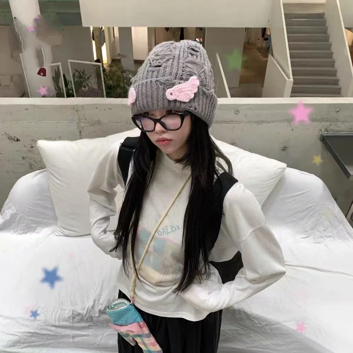 Winter Knit Hat Fringed Holes Y2K Japanese Korean Harajuku Style Little Wings  Beanie Keep Warm Outfit Fashion Trends Cold Cap