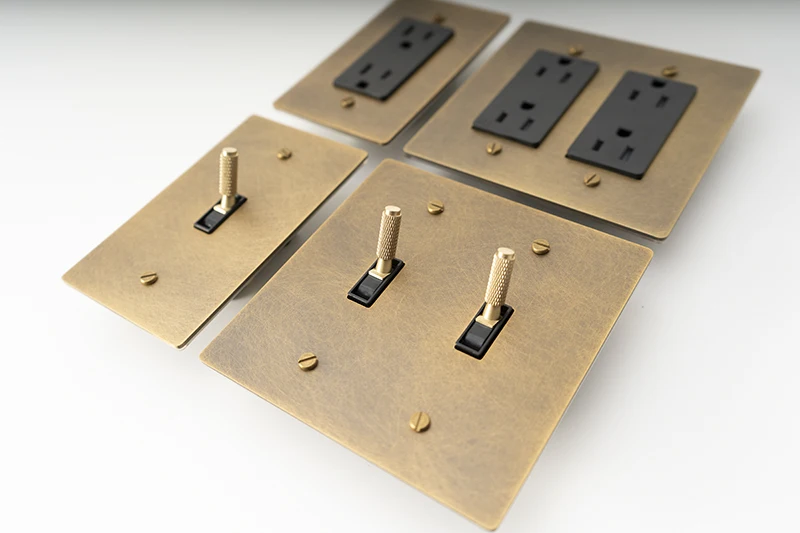 2Gang Maßgeschneiderte goldene schwarze Retro-Bronze-SS-Platte 30 Tage Messing geknoteter Kippschalter 110 V amerikanischer Standard-Wandschalter-Steckdosendimmer – Detail 17