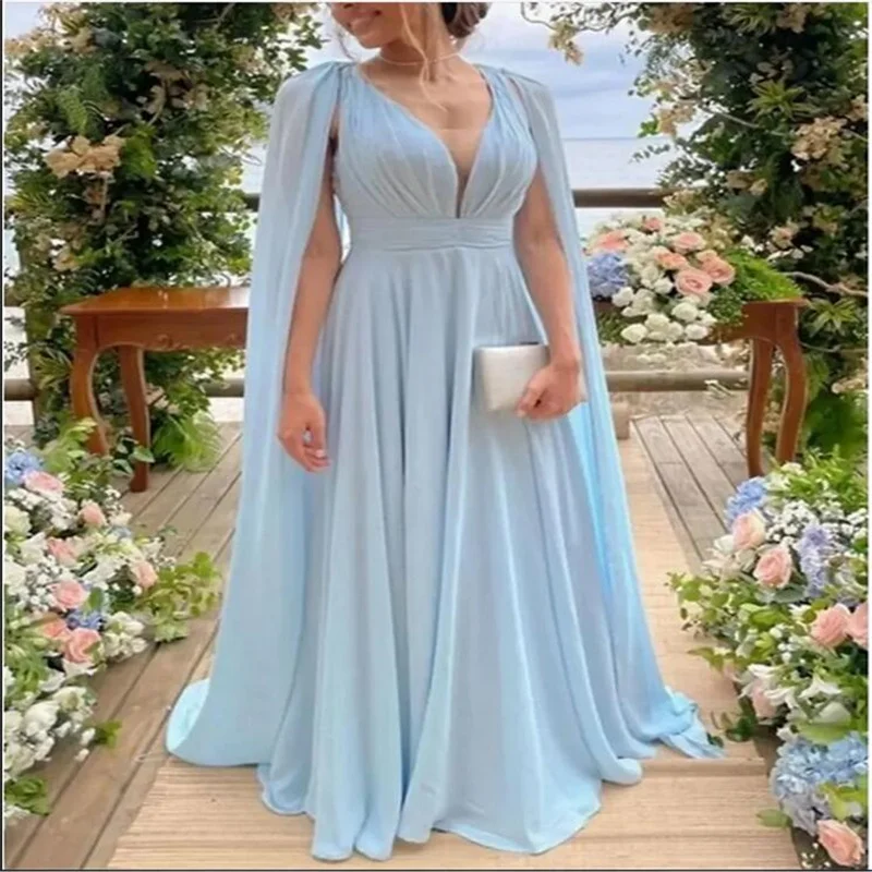 

Simple Elegant Mother of the Bride Dresses Chiffon Party Court Train with Pleats Formal V Neck Evening Dress With Cap Sleeves